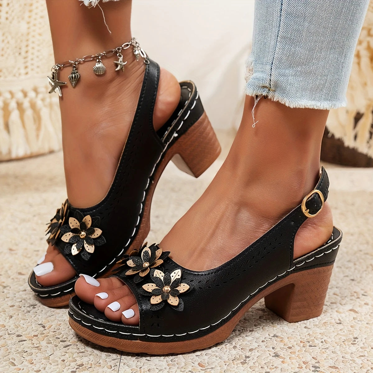 Women’s Wedge Sandals – Open Toe, Buckle Strap, High Block Heel, Casual All-Season