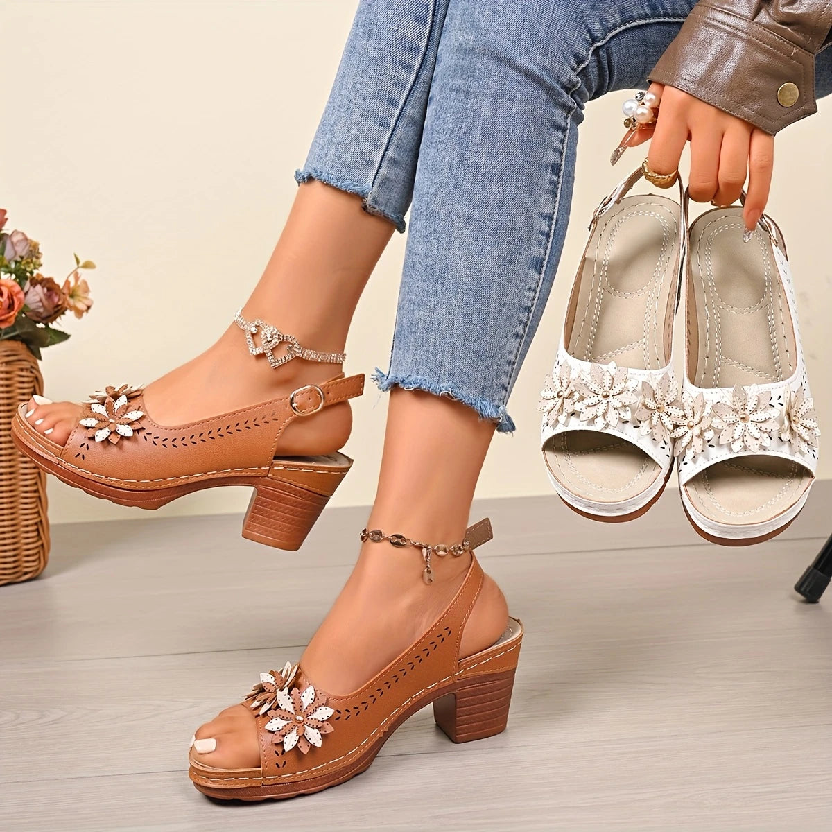 Women’s Wedge Sandals – Open Toe, Buckle Strap, High Block Heel, Casual All-Season