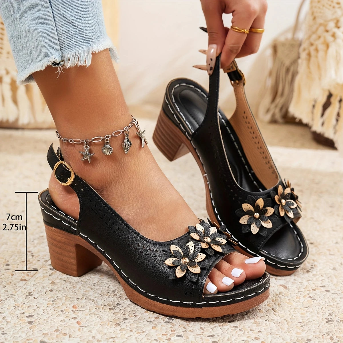 Women’s Wedge Sandals – Open Toe, Buckle Strap, High Block Heel, Casual All-Season