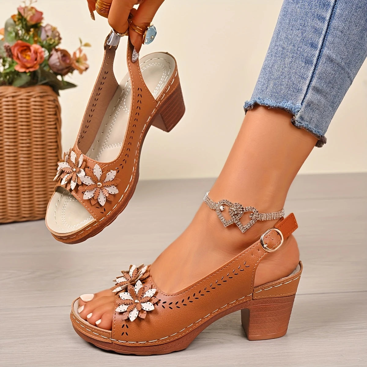 Women’s Wedge Sandals – Open Toe, Buckle Strap, High Block Heel, Casual All-Season