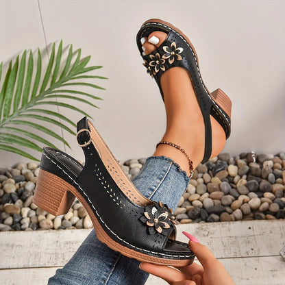Women’s Wedge Sandals – Open Toe, Buckle Strap, High Block Heel, Casual All-Season