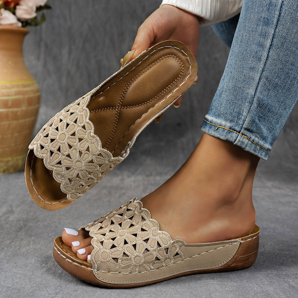Women's Orthopedic Wedge Sandals with Floral Straps