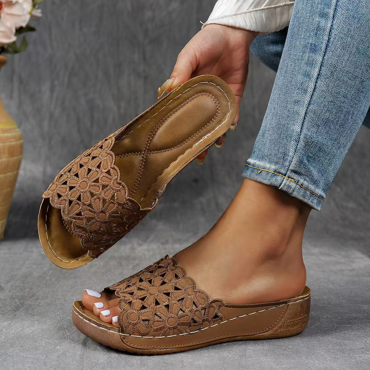 Women's Orthopedic Wedge Sandals with Floral Straps