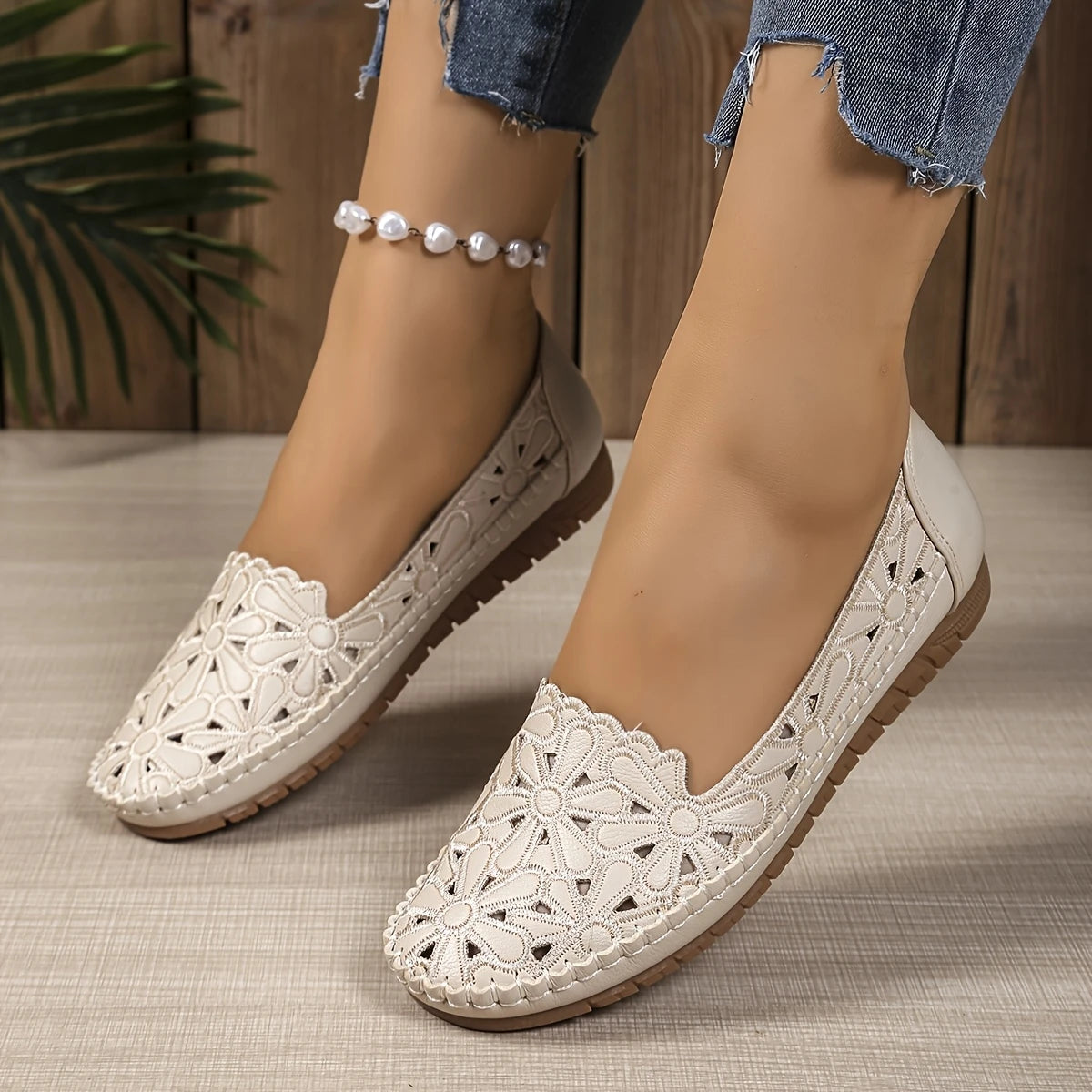 Women's Slip-On Flats – Cut-Out Lace Design, Lightweight, All-Season Comfort